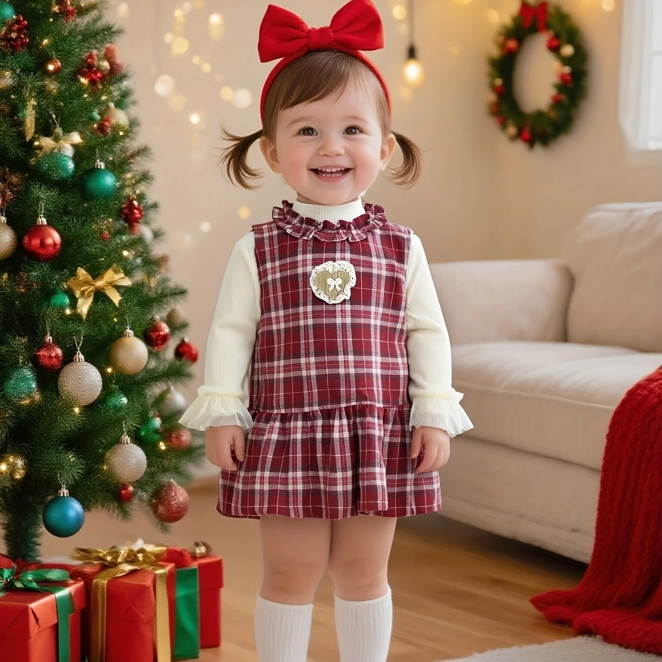 

New Autumn And Winter Baby Girl Dress Set With Top And Vest Dress, Sweet Plaid, Christmas Baby Clothing (6 Months To 3 Years)