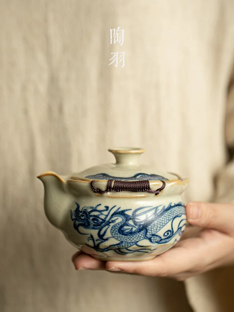 Ru Kiln Lid Bowl Cup Blue And White Dragon Pattern Anti Scald Hand Grab Pot Single High Grade Set Special For Tea