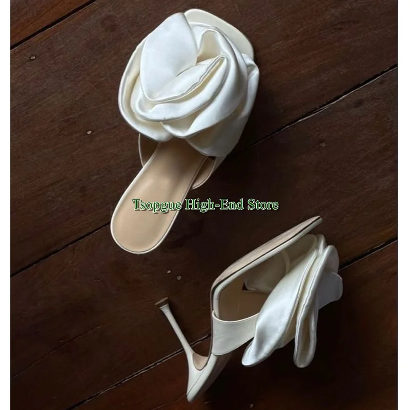 

Square-Toe Flower-Embellished Satin Half-Slip Shoes With Open Toe Stiletto Heels