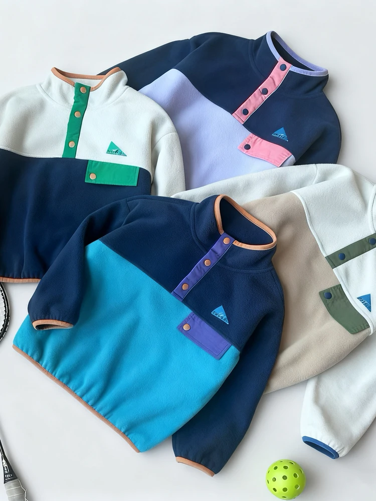 Retro Color Block Kids Pullover Half Open-Front Fleece Outdoor Jacket And Pants Set Boys Girls Warm Breathable Quick Dry Wind...