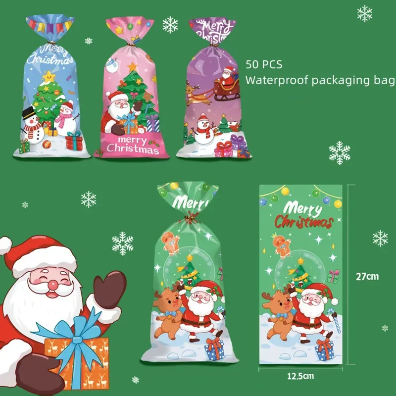 50 Pcs Colorful Printing Christmas Plastic Bag Opp Flat-Mouthed Xmas Gift Popcorn Bag Candy Cookies New Year Gift Packaging Bag