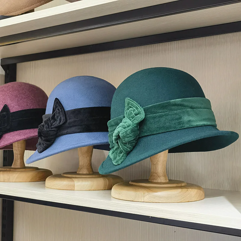 2023 nowy jesienno-zimowy japoński wełniany polar aksamitna kokarda dekoracja zwinięty damski umywalkowy kapelusz w stylu Vintage kapelusz rybaka modny filc