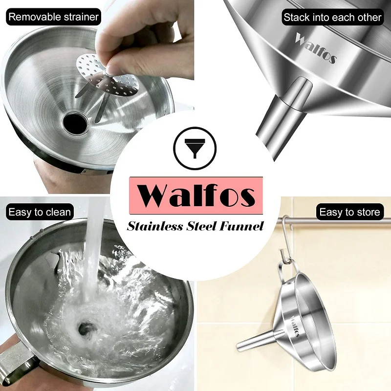 WALFOS1pcs/2pcs/3pcs Stainless Steel Funnel Kitchen Oil Funnel Metal Funnel With Removable Filter Wide Mouth Funnel Canning Tool