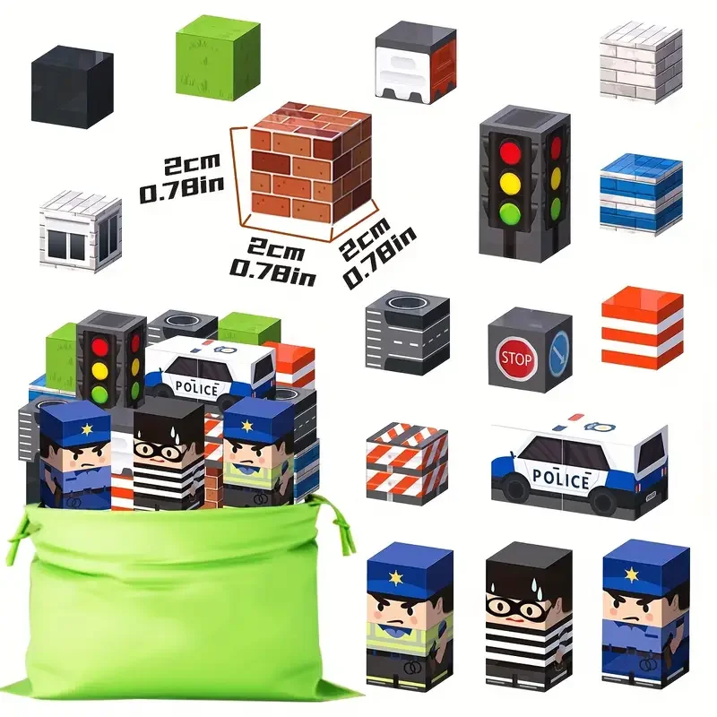 Blocs magnétiques de Police de Justice, ensemble de blocs de Construction magnétiques, conception de paysage urbain, voiture de Police, Cube magnétique, jouets de Construction à tige