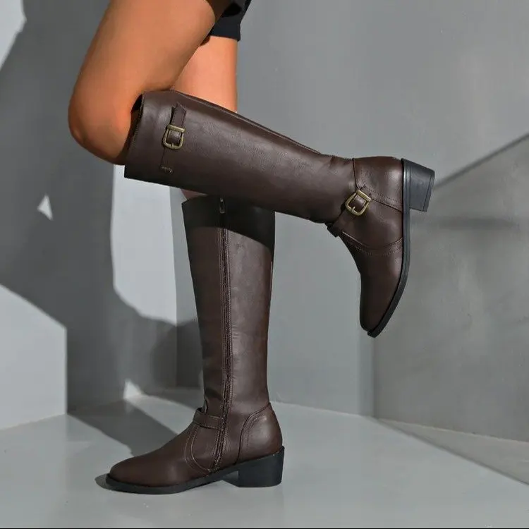 Women Knee High Boots Platform Long Boots Low Heels Round Toe Shoes New Zip Black High Boot Vintage Pu Leather Women Boots 2025 image 3