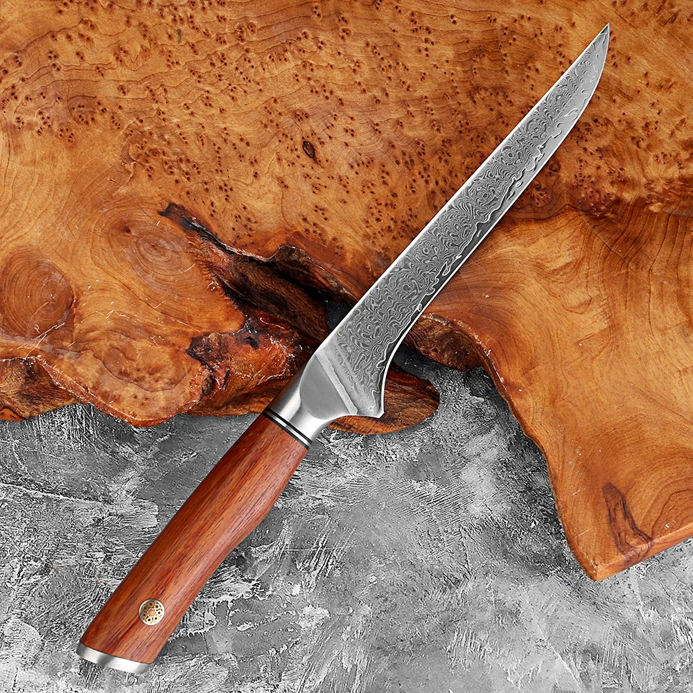 Japanese Damascus Boning Knife 6 Inch, Rosewood Handle, Damascus Steel Razor Sharp Kitchen Fillet Knife, Meat Cutting,Trimming