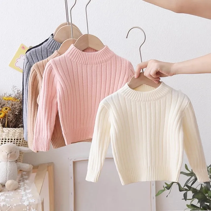 

Children's crew neck sweater plush thickened solid color girls' autumn and winter pullover with solid color boys' knitted