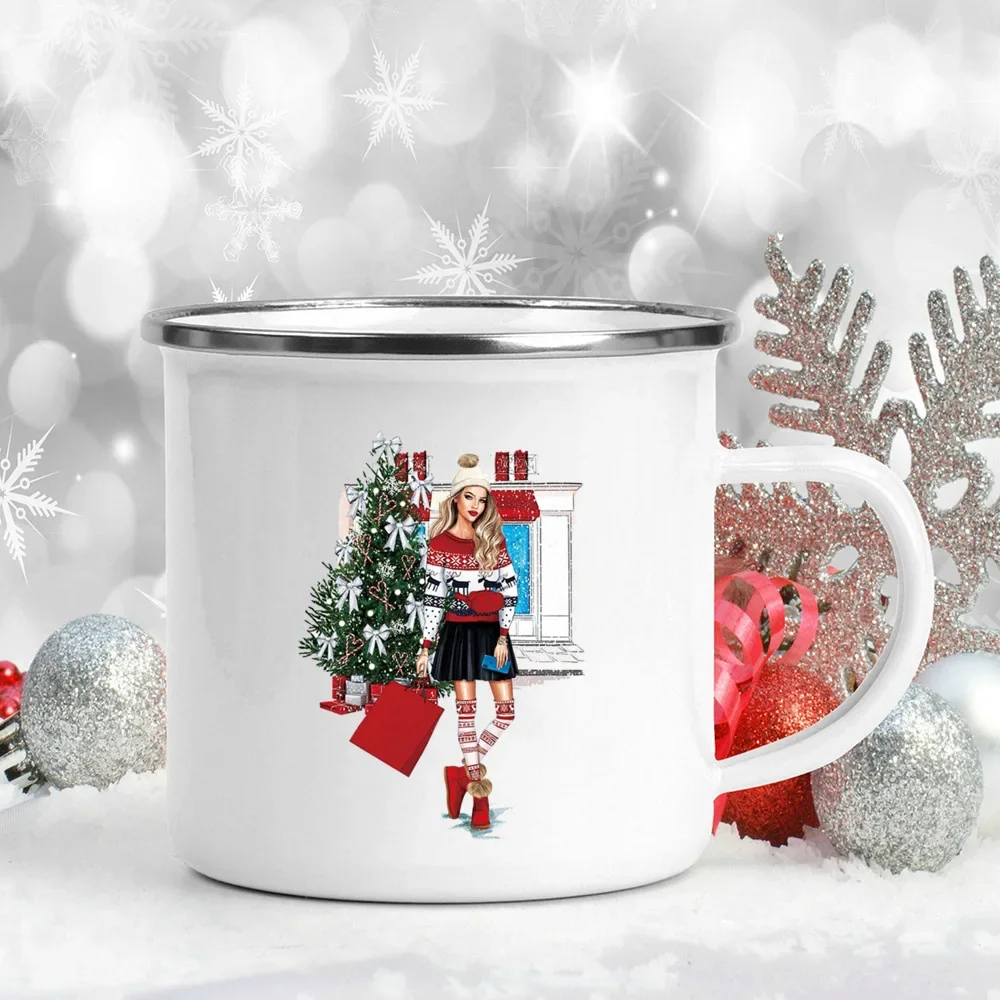 Frohe Feiertage! Bedruckte Tassen Emaille Griff trinken Bier Saft Tassen Mädchen Weihnachts baum Kaffeetasse Weihnachts abend Geschenk für Liebhaber Freund