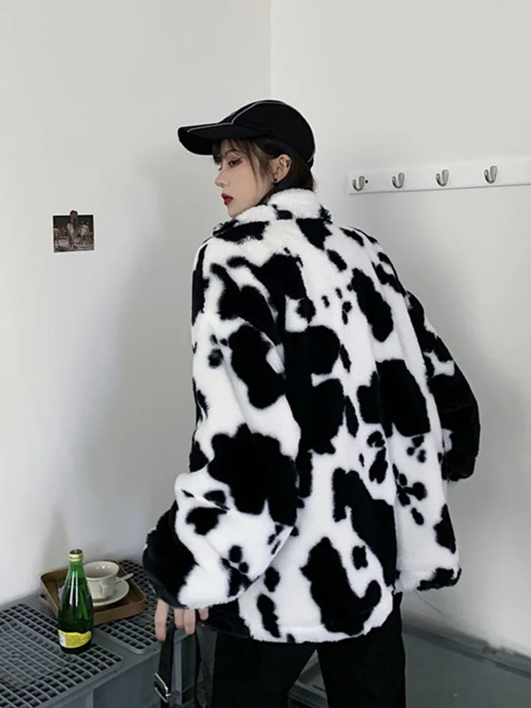 Vintage Flannel Keep Warm Cotton Clothes Korean Winter New Fashion Coat Harajuku Cows Printing Loose Full Sleeve Leather Jacket