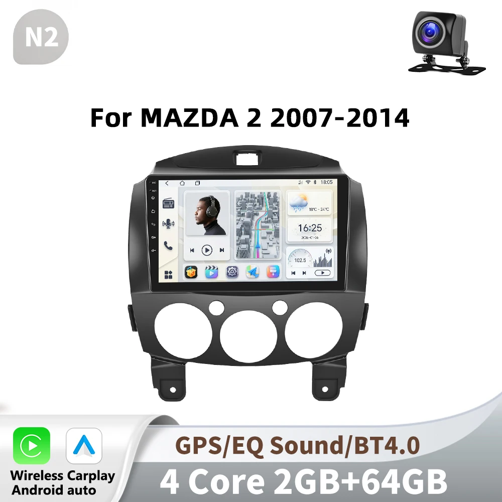 Podofo Android voor MAZDA 2 2007-2014, autoradio multimediaspeler met draadloze CarPlay en Android Auto, 2-din, geen DVD-speler.