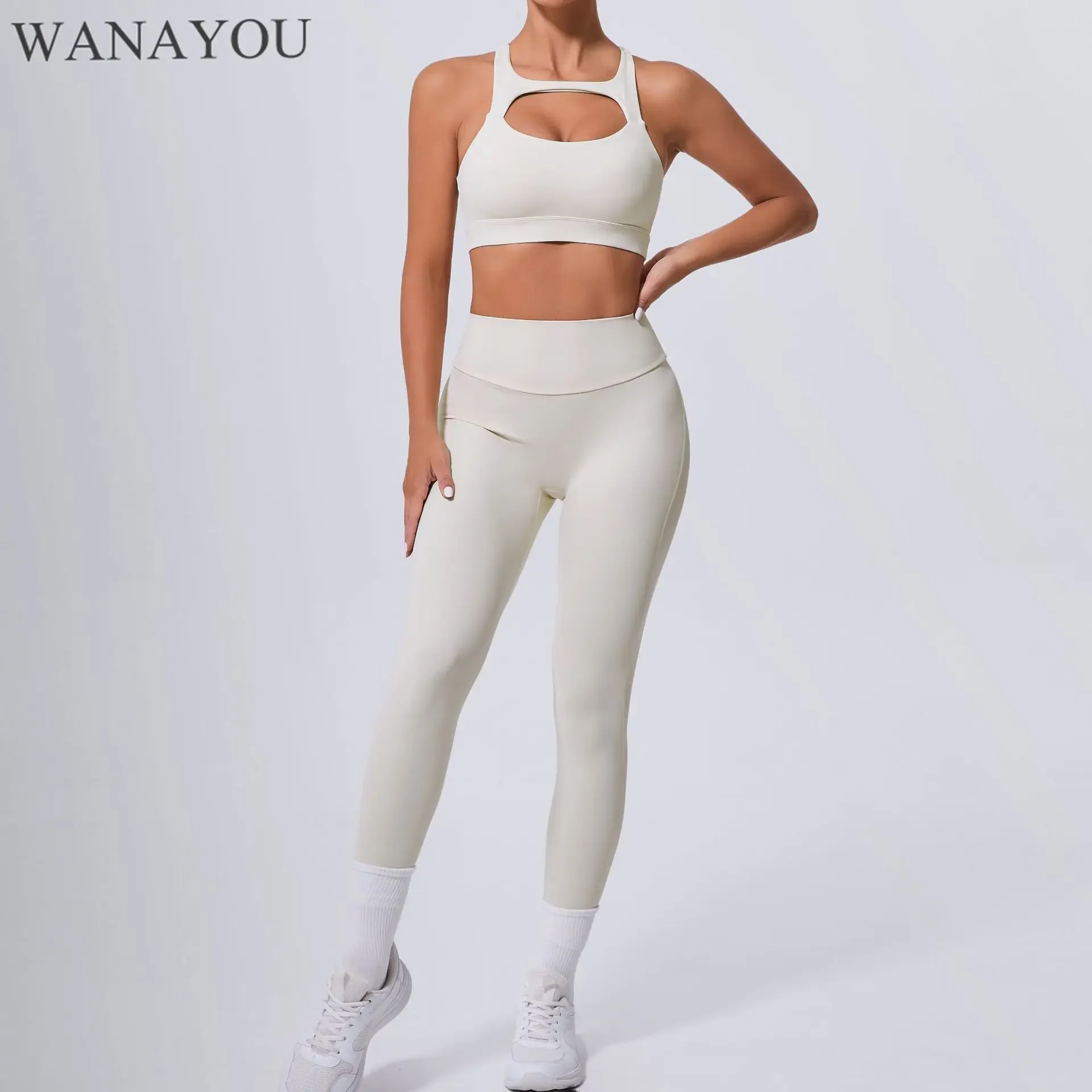 WANAYOU Cross Back Yoga Bras Hip Lifting Sports Leggings with Pockets, 2pcs Gym Fitness Tracksuit, Workout Scrunch Crop Tops