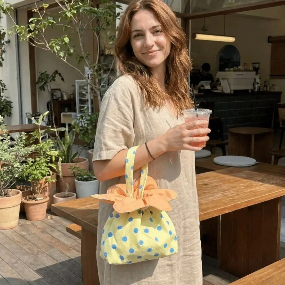 Fashion Sweet Flower Drawstring Handbag Polyester Bow Printed Polka Dot Tote Bag Polka Dot Lightweight Storage Bag College