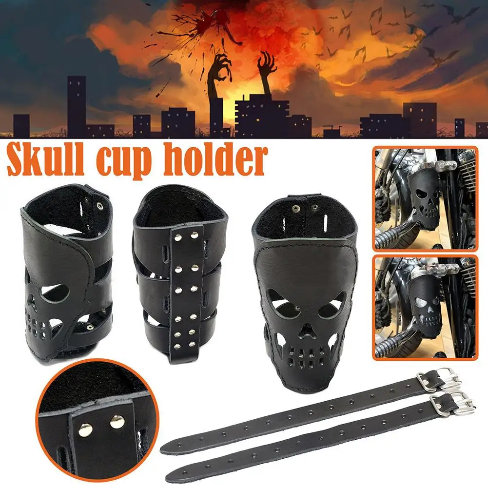 Bicicleta e Motocicleta Drink Bottle Holder, Copo de Couro, Pode Suportar, Skull Cup Holder, Car-Styling