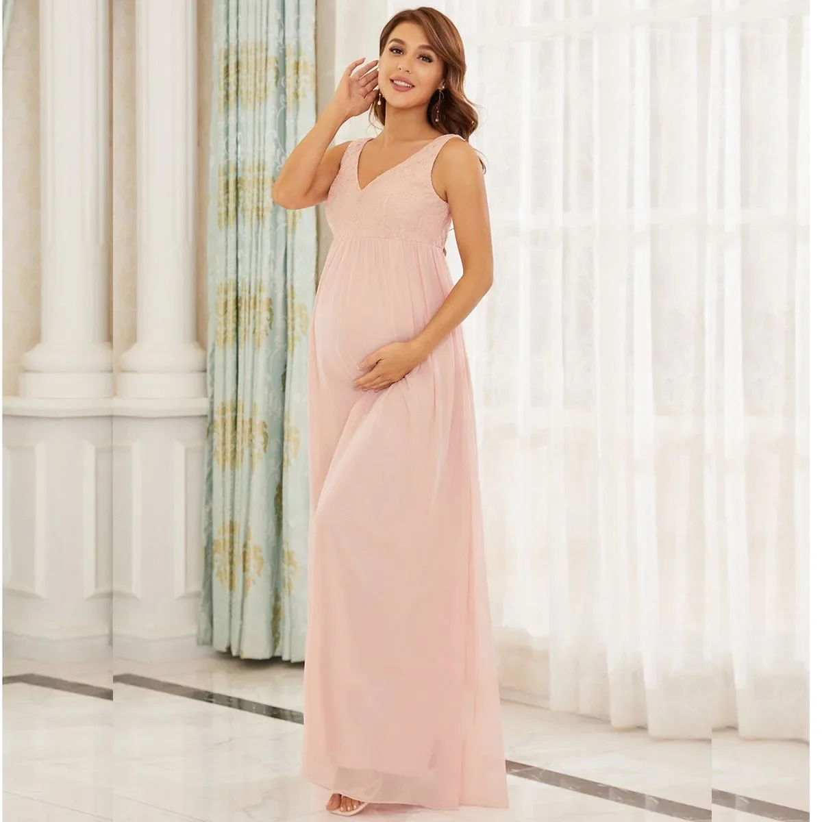 Maternity V Neck Wraped Maxi Dress A Line Ruched Sleeveless Maternity Gown for Wedding Photoshoot Baby Shower Summer Dress