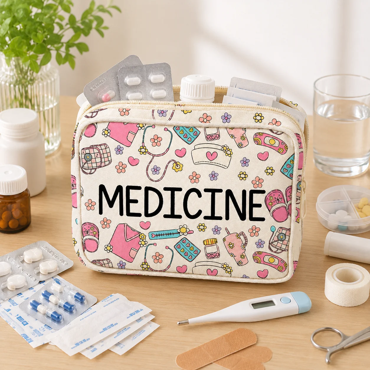 Cute Floral Medicine Bag, Large Capacity Zipper First Aid Organizer for Women, Travel, Home, School, Camping & Emergency image 4