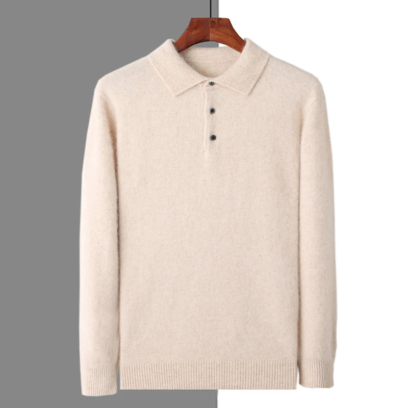 Men\'s 100%Mink cashmere Jacket with POLO Collar Honeycomb Pin Shirt Knit Pullover Autumn Winter Fashion New Style