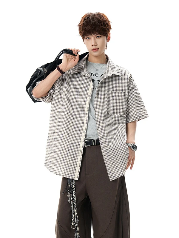 

Retro Japanese Plaid Bubble irt ort Sve Loose Fit Collared Men's Summer New Sle Versatile Casual Loose irt