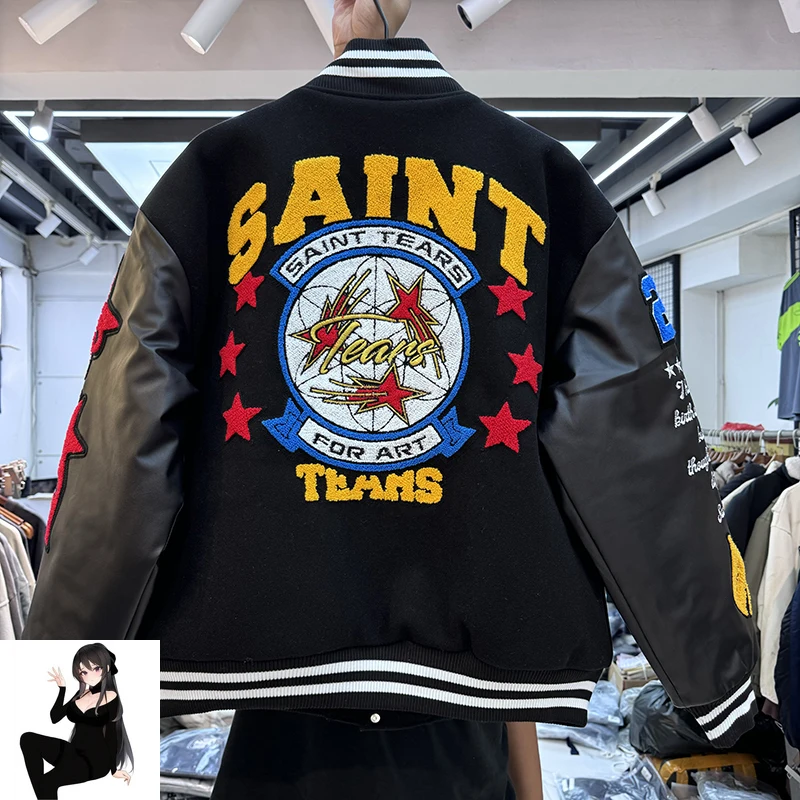 Towel Embroidery Art Saint Tears Patch Logo Baseball Jackets Men Women High Quality Patchwork Leather Loose Casual Pilot Jacket