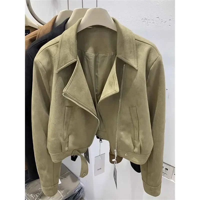 2024 Spring Autumn Short Coat Women Suit Neck Short Jacket Suede Fashion Woolen Coat Khaki Black Jackets Female Outwear Tops