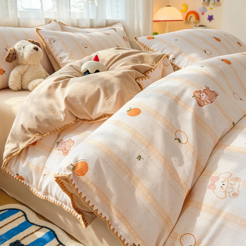 100% Cotton Bedding Set Brushed Fresh Style Stripe Stars King Queen Size for Home Bedroom Decoration New Year Gift for Daughter