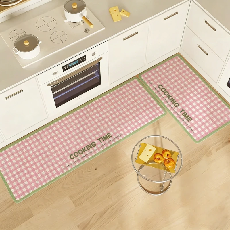 Kitchen Floor Mat Waterproof PVC Leather Rug Pink Korean-Style Plaid Carpet Non-Slip Oil-Resistant Long Size Rugs Home Decor 양탄자