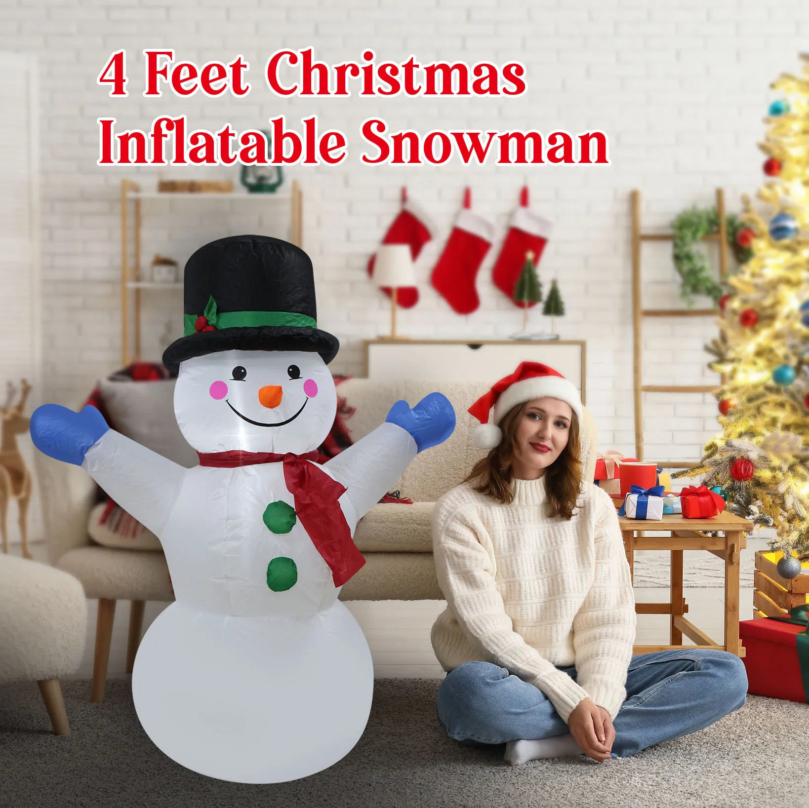 Christmas Inflatables Smile Snowman Lighted Christmas Holidays Blow-Up Decoration with Built-in Fan and Stakes Ropes Scene Decor
