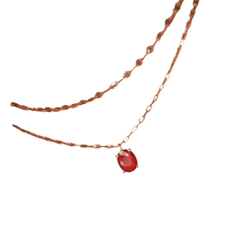 

*Light luxury ruby double layered collar chain vintage Overlap charm necklace simple small oval red pendant party fine jewelry