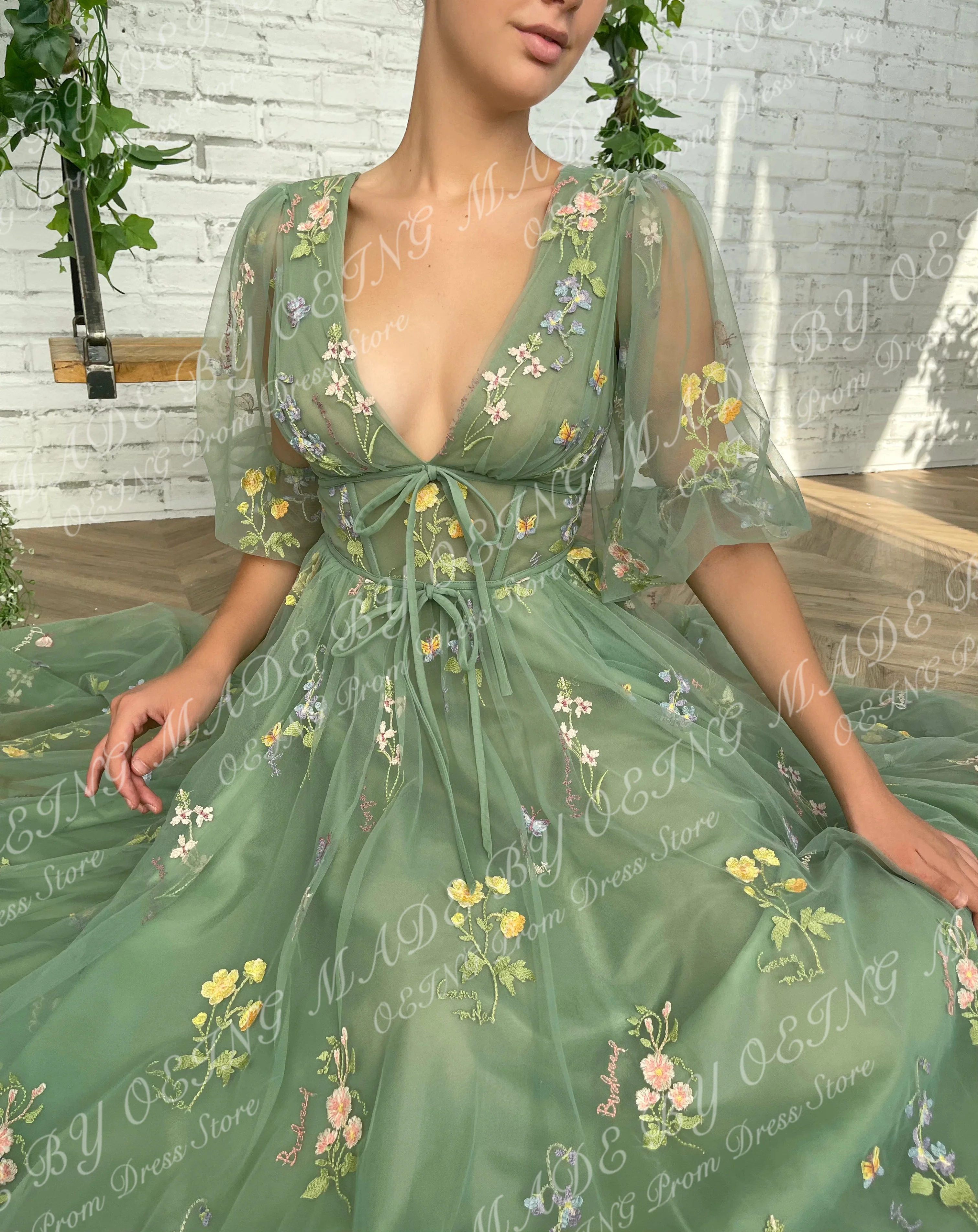 OEING Green A-LINE Evening Dresses Fairy Flowers Appliques V Neck Tea Length Short Sleeves Prom Dress For Special Occasion