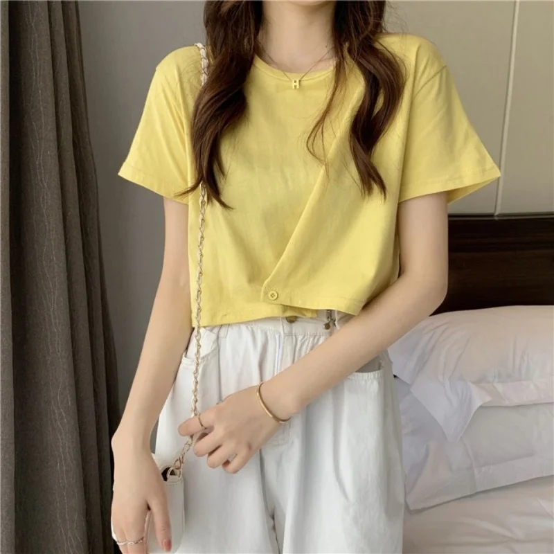 

Design Sense Button Waist Cinching Slim Fit Short Sleeved T-Shirt For Women'S Summer New Small And Short Top