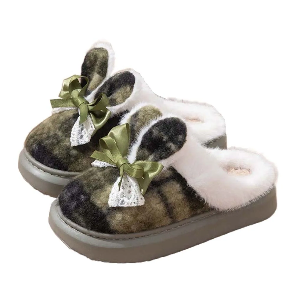 

Soft Plaid Rabbit Ear Cotton Slippers Fluffy Slides Bow Winter Warmer Slippers Anti-slip Furry Warm Home Cotton Shoes
