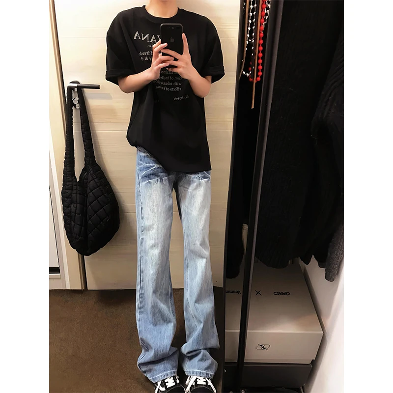 

Cleanfit Ice Blue Men's Jeans Straight Leg Waed American High Street Vibe Knife Flare Pants Youth Trend Wear Resistant