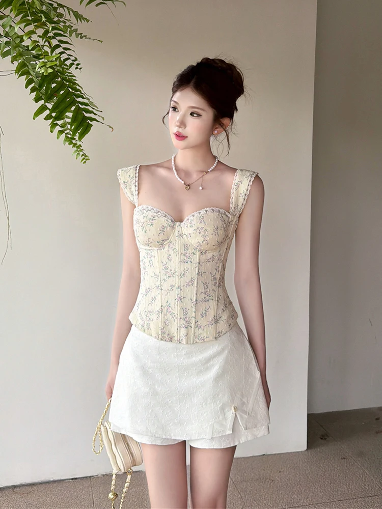 ReddaChic Cottagecore Floral Tank Top Skirt Set Women Retro Square Neck Boned Corset Low Rise Mini Bodycon Skirt Cute Clothes