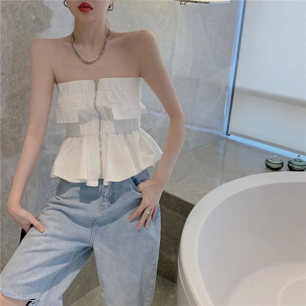 Summer Sexy Zipper Solid Color Breast Wrap Camisole Women Clothing Simplicity Pleated Slim Elasticity Top Tee Femme Refreshing