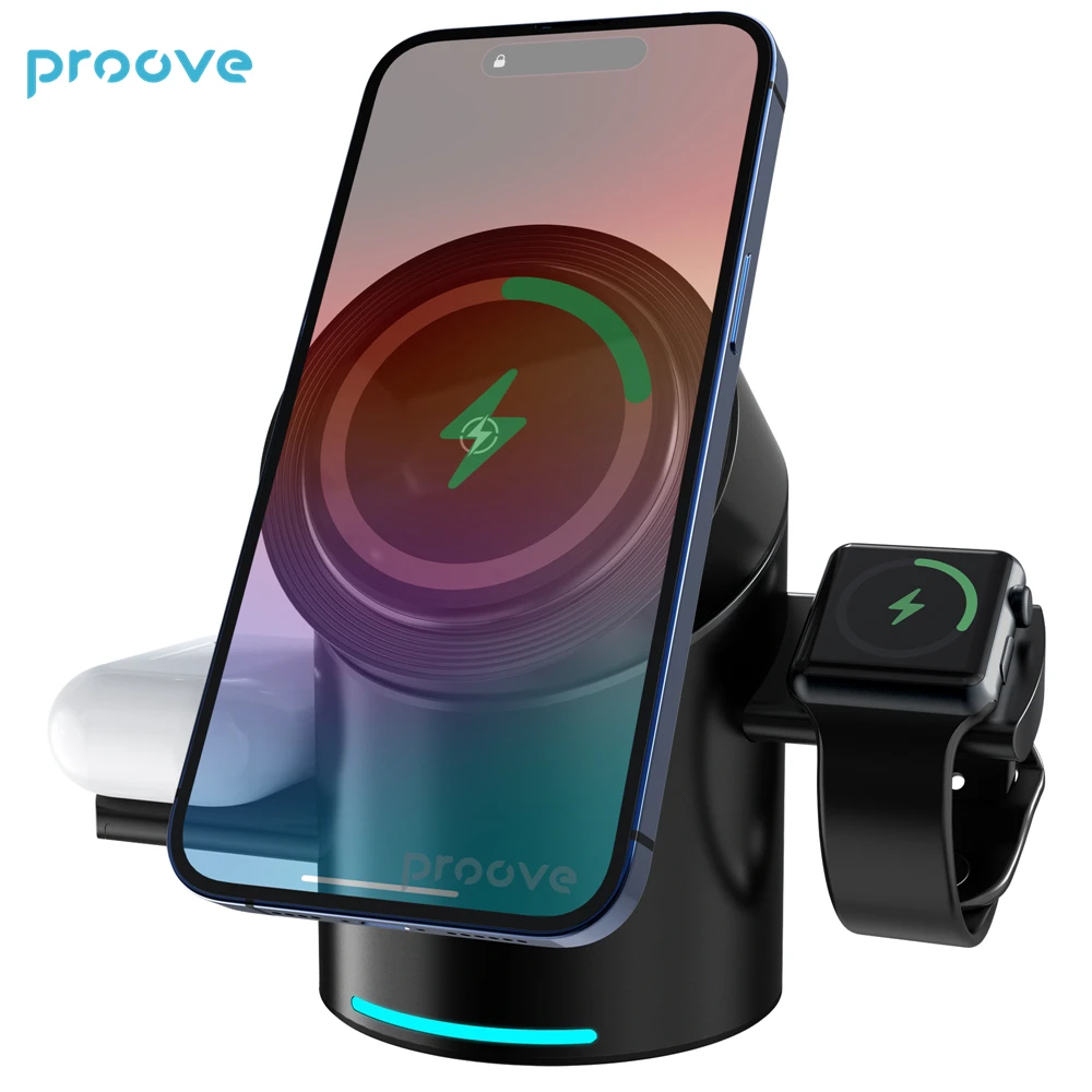 

Proove Optimus 3in1 15W Fast Charging Autorotation For Watch Earphone Wireless Charging