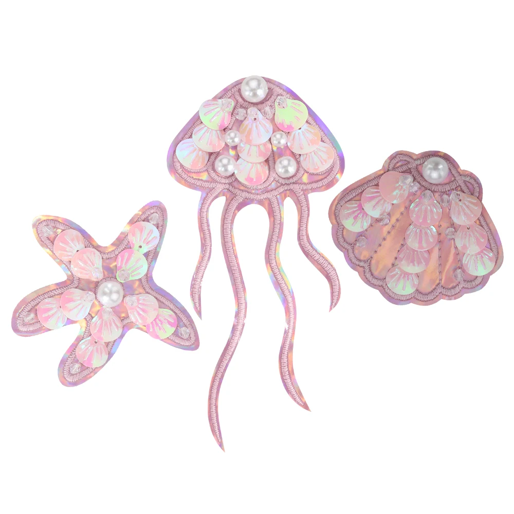 PU Patches Jellyfish Sea Star Sea Shells Shellfish Embroidered Sew On Backpacks Skirt Vests Scarf Hat Bead Sequin Applique 3pcs