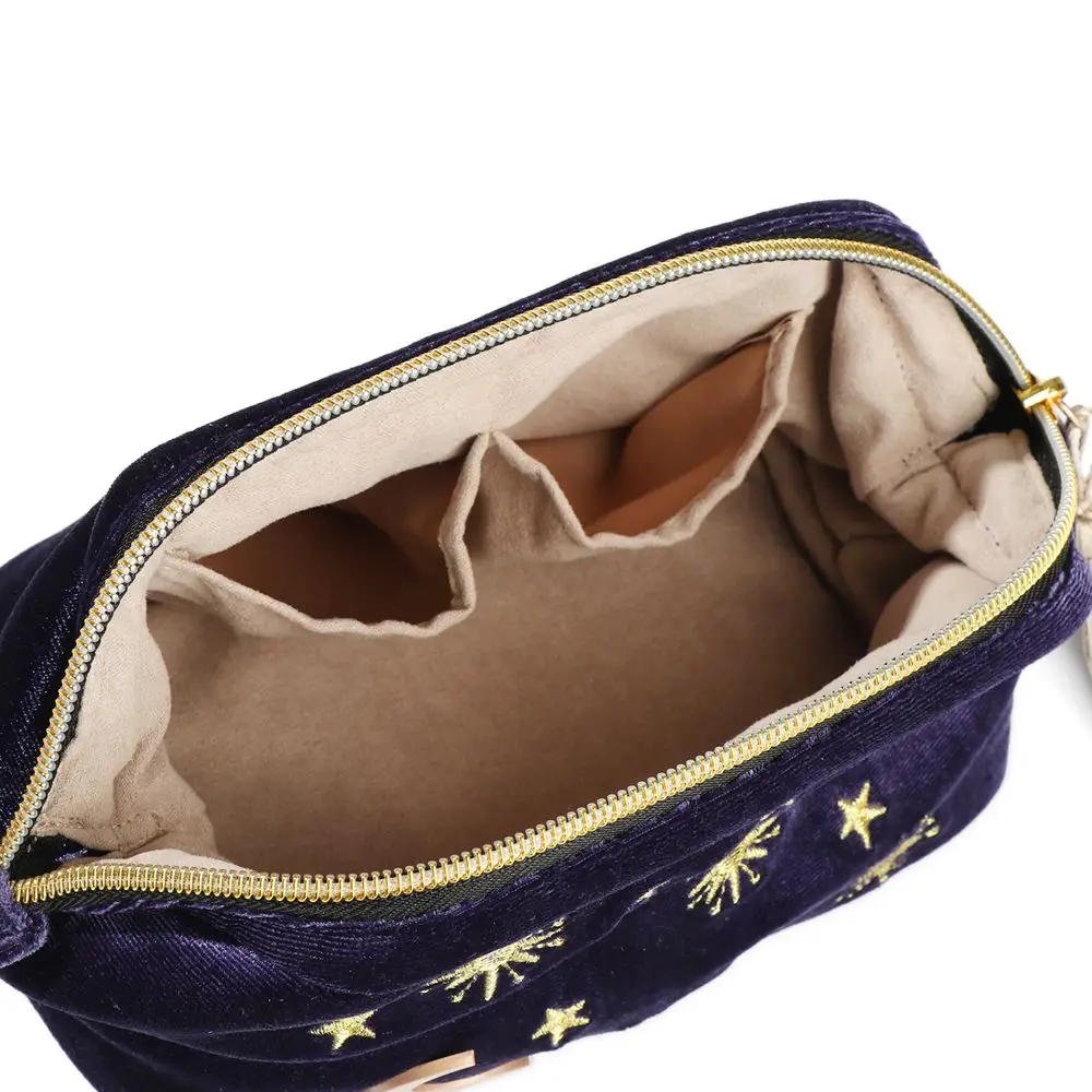Exquisite bestickte Samt-Kosmetiktasche mit Stern- und Mondmuster, tragbare Make-up-Tasche, Schmucktasche, Reise-Organizer, Pinseltasche – Detail 6
