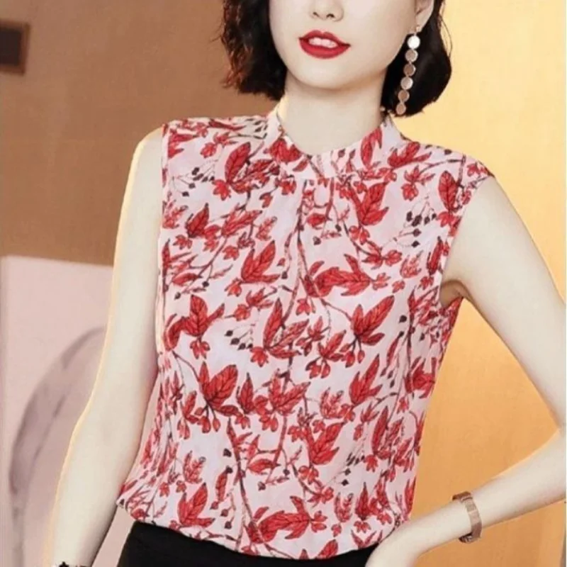 2024 New Summer Korean Commuting Minimalist Fashion Slim Fit Blouses Sleeveless Standing Neck Printed Button Women\'s Shirt Top