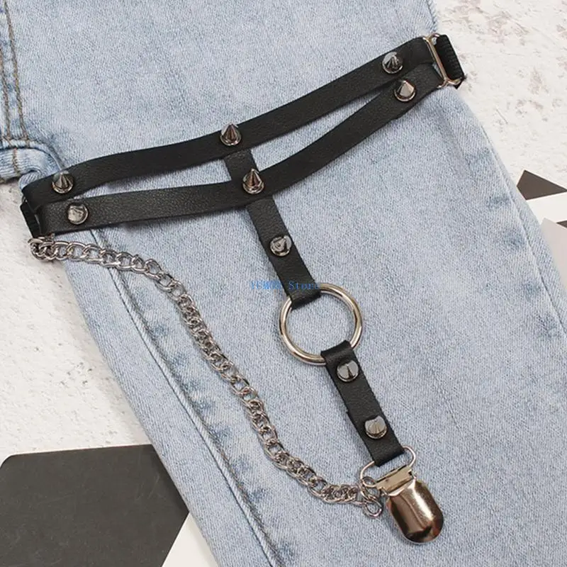 D0UD 여성을 위한 매달려 체인 원형 장식 PU 가죽 허벅지 클립이 있는 탄성 다리 벨트