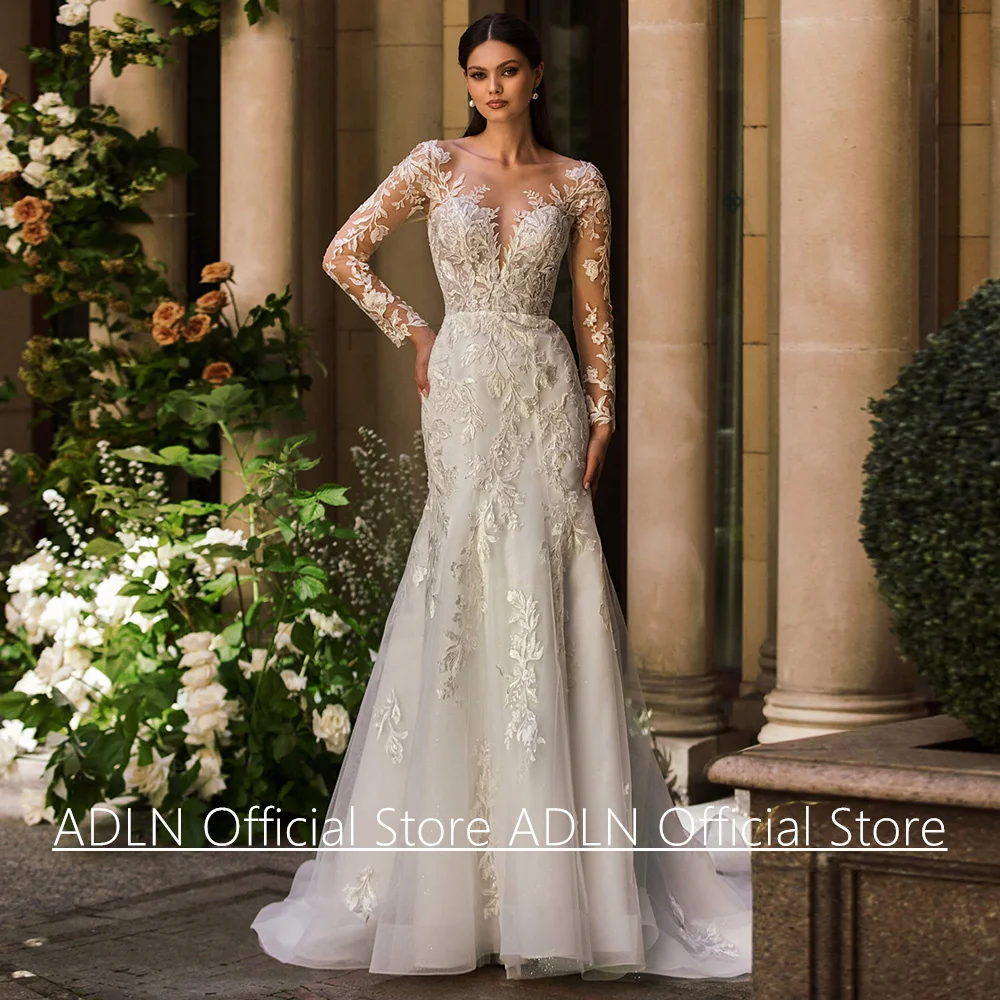 Mermaid Wedding Dress Vestido De Noiva Customized Scoop Neck Long Sleeves Lace Applique Sweep Train Woman Bridal Gown Bride