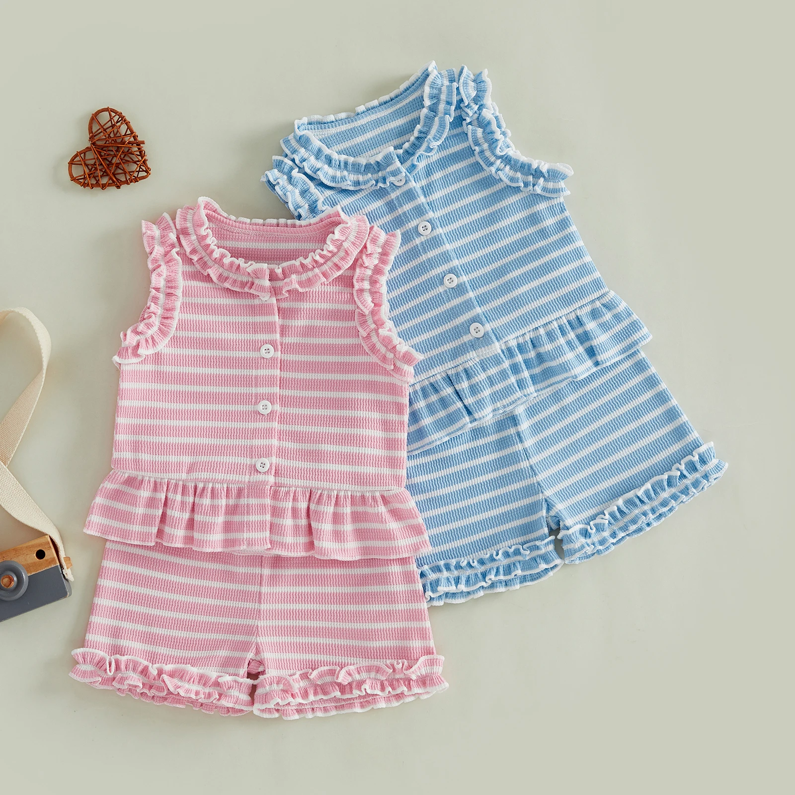 0-4Y Baby Girl Summer Outfits Sleeveless Stripes Print Ruffle Vest Tops Shorts Set Toddler Baby Clothes Set 2pcs
