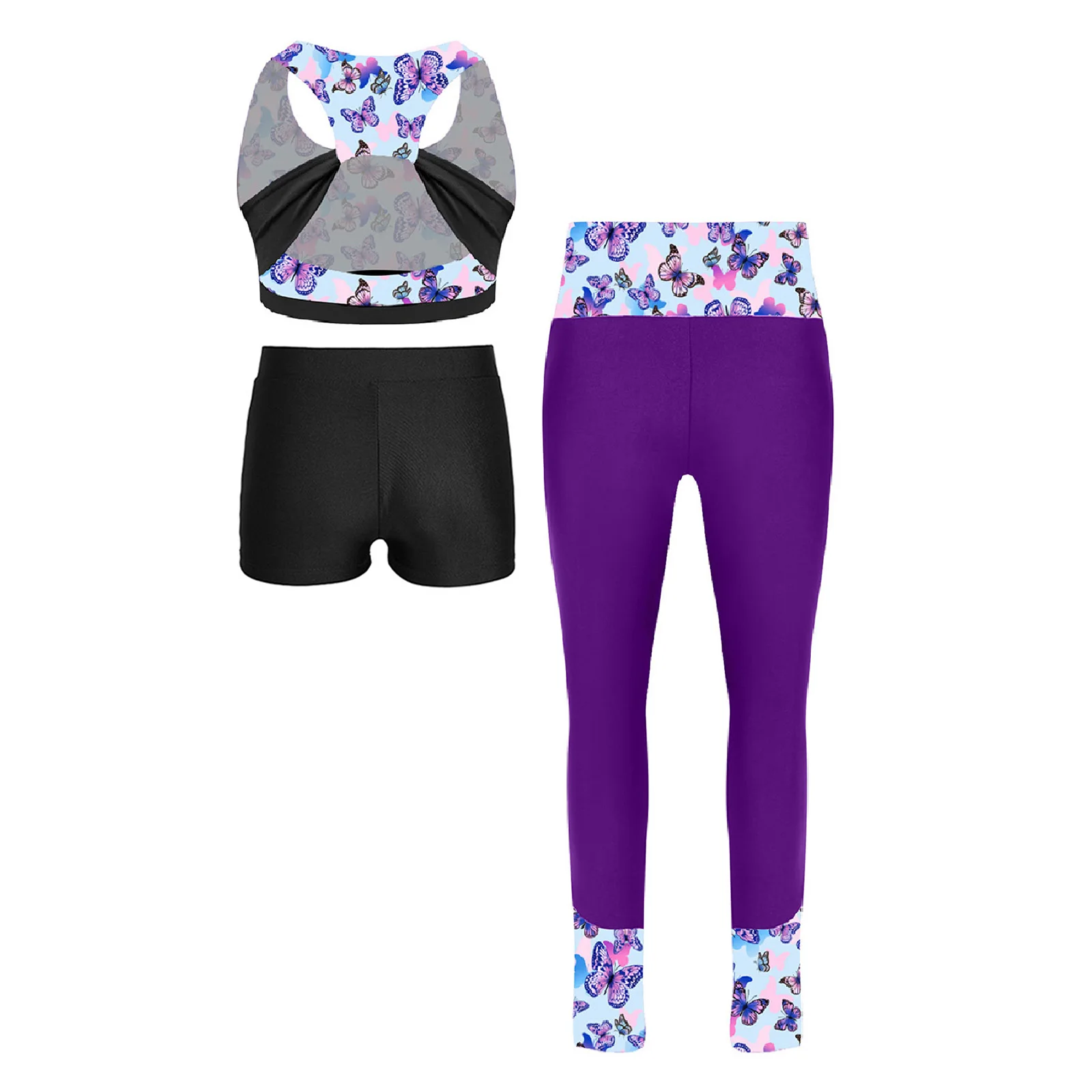 Children's Three Piece Fitness Sports Outfit Kids Girls Tracksuits Sleeveless Yoga Set Running Cycling Workout Clothes Suits