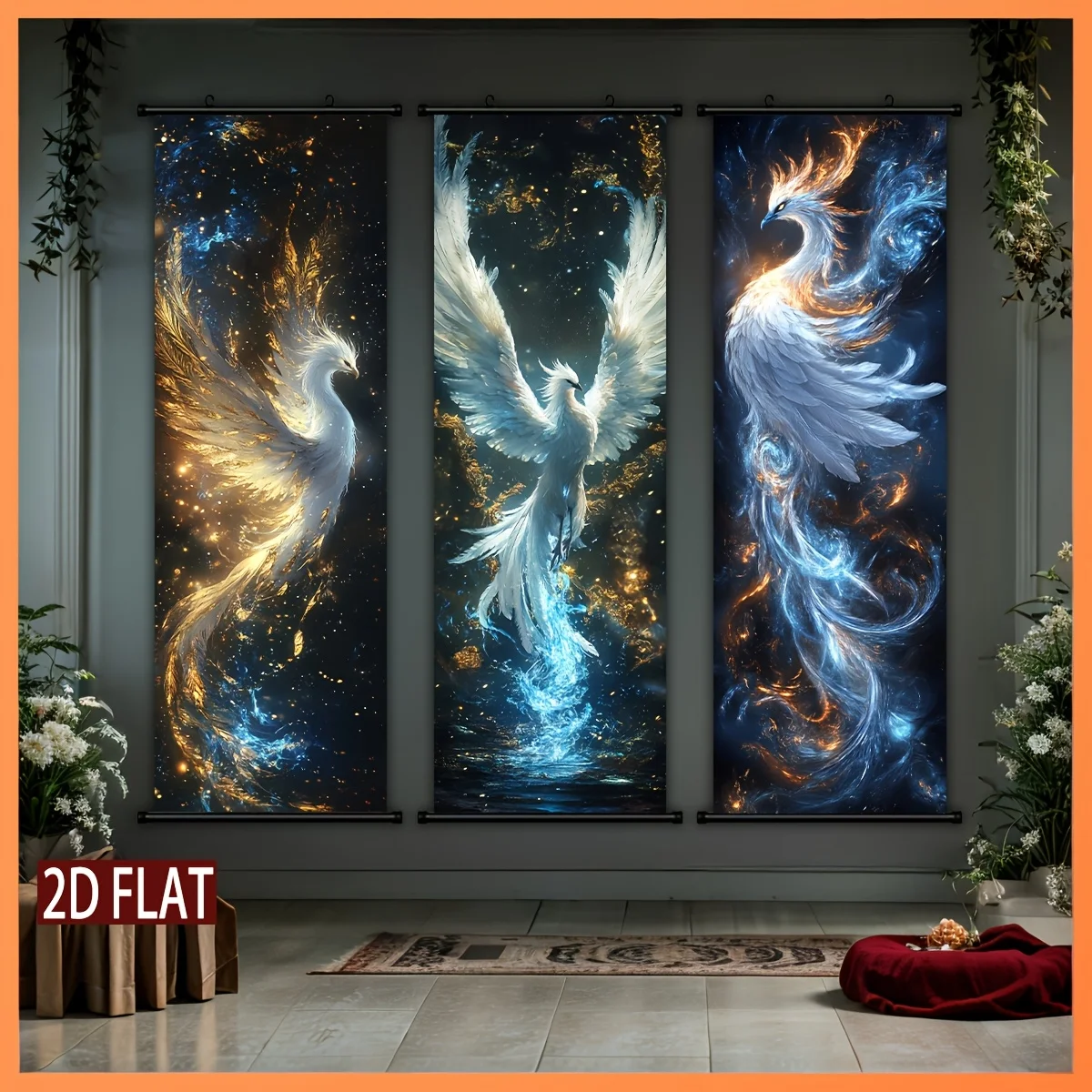 VIKAMA Starry Sky Ice Fire Divine Bird Phoenix Scroll Tapestry, HD Non Fading Wall Scroll, Mythical Room Decor