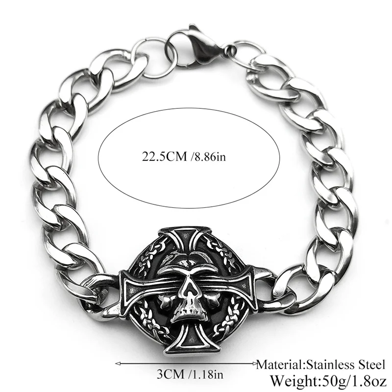 펑크 힙합 스테인리스 스틸 해골 고스트 헤드 뱅글 남성용 블랙 빈티지 남성 쿠바 체인 팔찌 쥬얼리 할로윈 선물