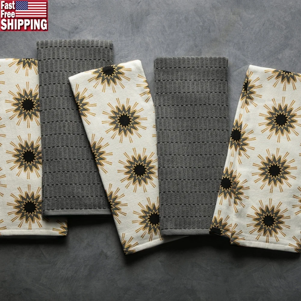 

5-Pack Kitchen Towel Set Absorbent Cotton Soft Durable Starburst Design Machine Washable Generous Size Perfect Kitchen Tasks