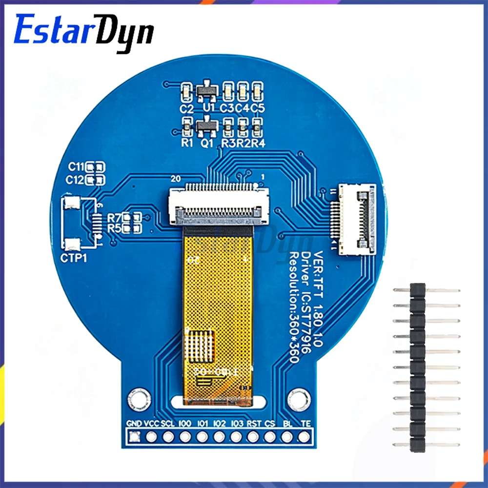 1.8 Inch Round Color TFT LCD Display Module 360x360 QSPI SPI Interface ST77916 Driver for DIY Smart Watch Project