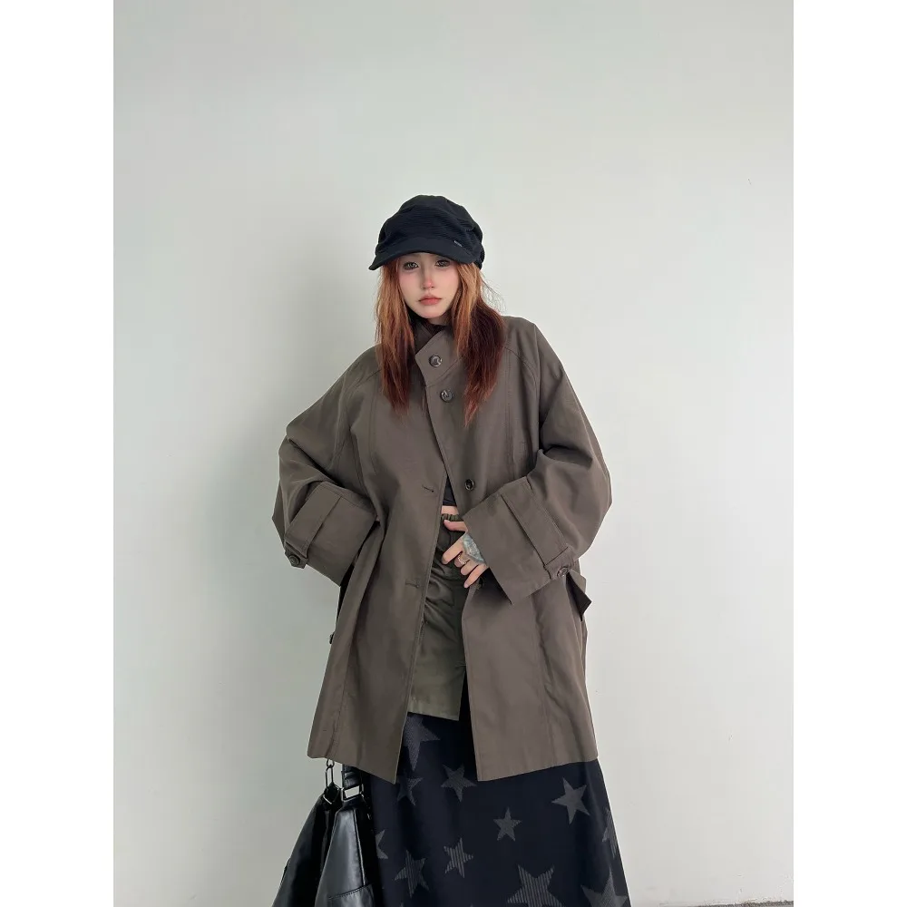 

SuperAen 2025 Autumn New Mid-length Single-breasted Belt Waist Retro Stand-up Collar Coffee-colored Coat Women Coats