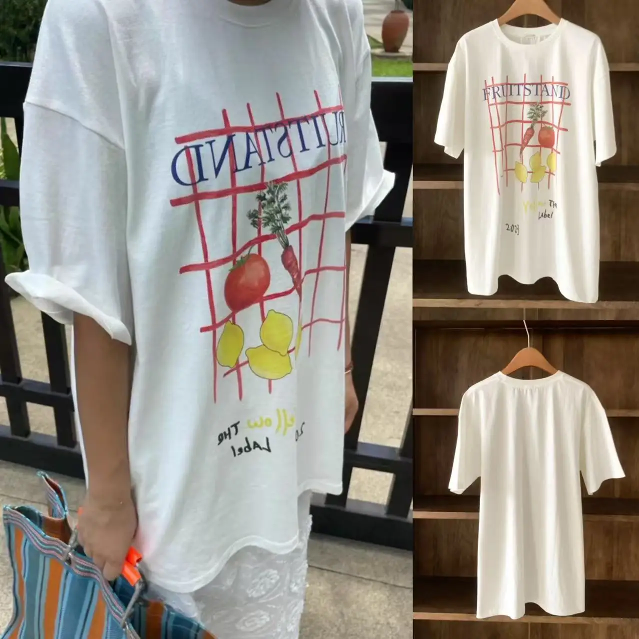 2025년 여름 캐주얼 슬리 여성 티셔츠 프린트 루즈핏 라운드 넥 면 100% 재미있는 채소 패턴 탑