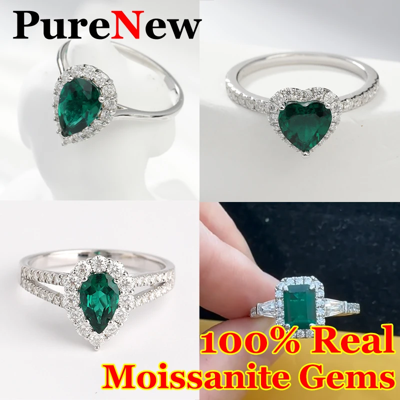PureNew Emerald Heart Pear Cushion Cut Lab Grown Zambia Moissanite Ring For Women 925 Silver Plate 18k D Color Gems Ring Gift