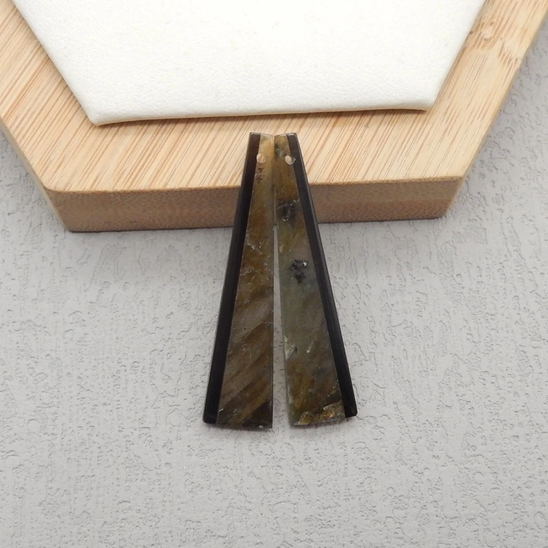Natural Obsidian & Labradorite Intarsia Front Drilling Earring Beads 40x10x3mm 4.3g for DIY Jewelry Making