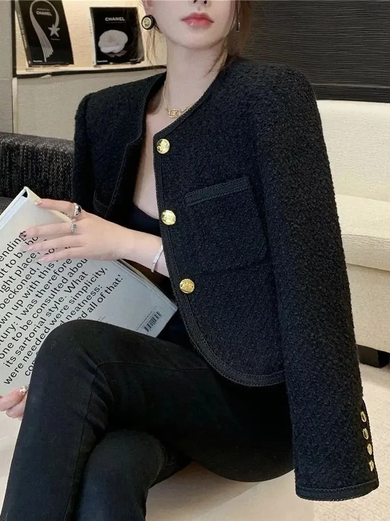 Yang Ge 연예인 셀린 블랙 거친 트위드 자켓 여성 리사 자른 모직 자켓 여성용 짧은 스타일 겉옷